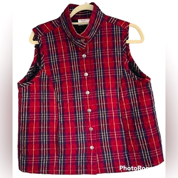 BAXTER & WELLS Petite Crimson/Navy/Yellow Plaid Quilted Vest, Sz Petite Med, EUC - Picture 1 of 8